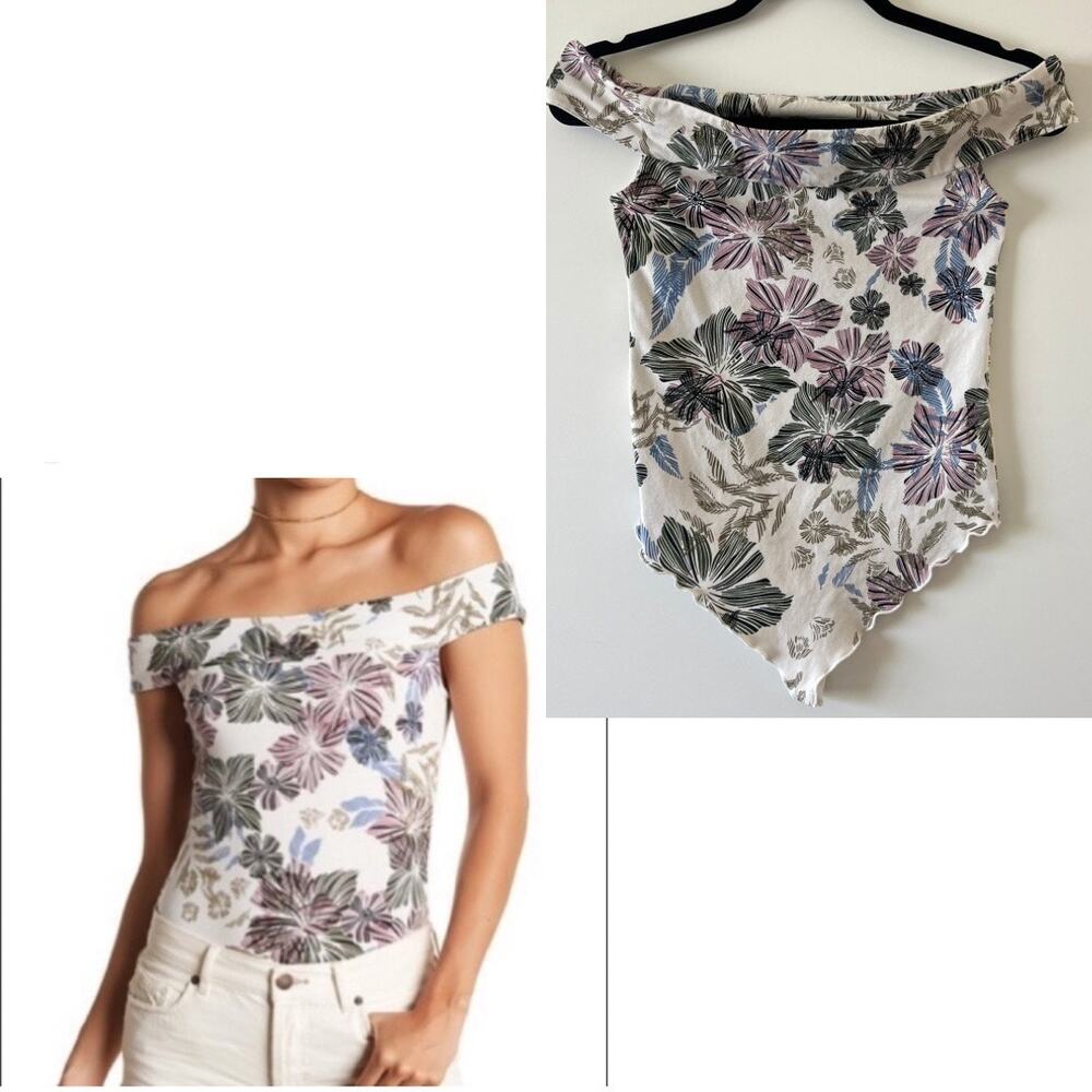 Free People White Floral Off Shoulder / Boatneck Thong Bodysuit Womens Small